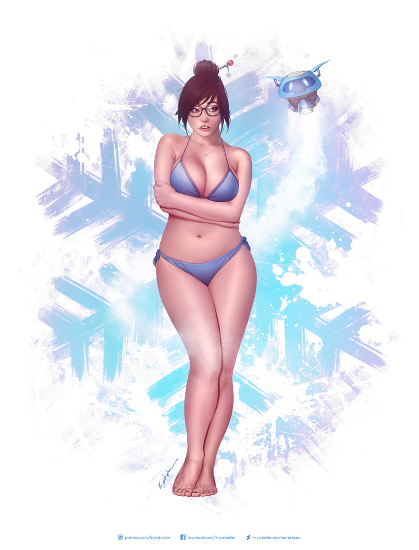 1girl barefoot bikini blue_bikini breasts brown_hair cleavage crossed_arms full_body glasses hair_bun hair_ornament hairpin highres jewelry krystopher_decker mei_(overwatch) navel necklace overwatch parted_lips plump realistic snow solo stomach swimsuit teeth toes