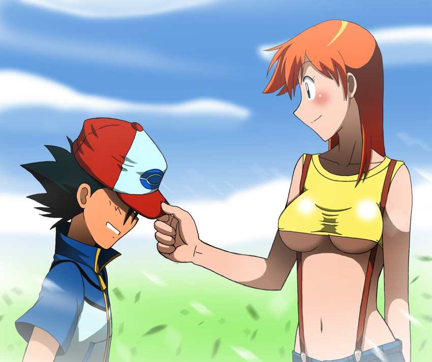 1boy 1girl age_difference alternate_hair_length alternate_hairstyle bare_shoulders baseball_cap black_hair blue_eyes blue_sky blush breasts child clouds cloudy_sky collarbone commentary crop_top denim denim_shorts from_side grass grin hat height_difference highres jacket kakkii kasumi_(pokemon) long_hair midriff navel no_bra older orange_hair outdoors pokemon pokemon_(anime) profile revealing_clothes satoshi_(pokemon) shaded_face shiny shiny_clothes shirt short_hair short_sleeves shorts size_difference sky sleeveless sleeveless_shirt smile suspenders tank_top teeth under_boob upper_body yellow_shirt zipper