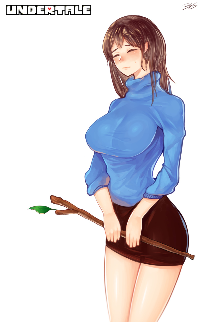 1girl 3gs breasts brown_eyebrows brown_eyelashes brown_hair closed_eyes frisk_(undertale) highres large_breasts long_hair miniskirt skirt stick sweater undertale