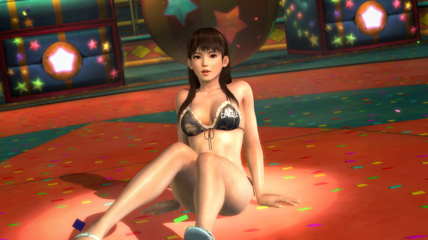 1girl 3d absurdres arm_support black_hair breasts circus dead_or_alive dead_or_alive_5 highres large_breasts lei_fang looking_at_viewer official_art sitting solo swimsuit tecmo