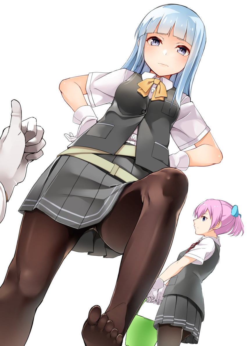 2girls black_legwear blue_eyes blue_hair bow bowtie byte_(allbyte) commentary_request from_below gloves hands_on_hips hatsukaze_(kantai_collection) highres kantai_collection long_hair multiple_girls pantyhose pink_hair pleated_skirt ponytail pov repair_bucket school_uniform shiranui_(kantai_collection) skirt stepped_on thumbs_up upskirt vest white_background