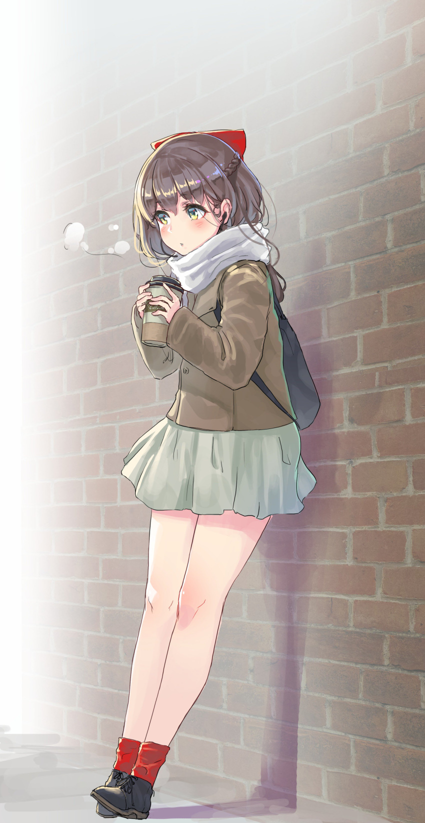 1girl absurdres black_shoes blush bow breath brown_hair commentary_request earphones full_body green_skirt hair_bow highres holding long_sleeves miniskirt oota_youjo original red_bow red_legwear scarf shoes short_hair skirt solo standing wall white_scarf yellow_eyes