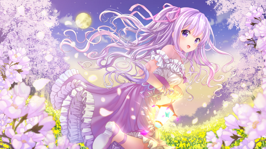 1girl ankle_ribbon dress eyebrows eyebrows_visible_through_hair field flower flower_field hair_ribbon highres holding_lantern long_hair looking_at_viewer moon moyon one_leg_raised one_side_up open_mouth original outdoors petals pink_hair pink_ribbon ribbon solo tree violet_eyes white_flower white_ribbon wrist_ribbon