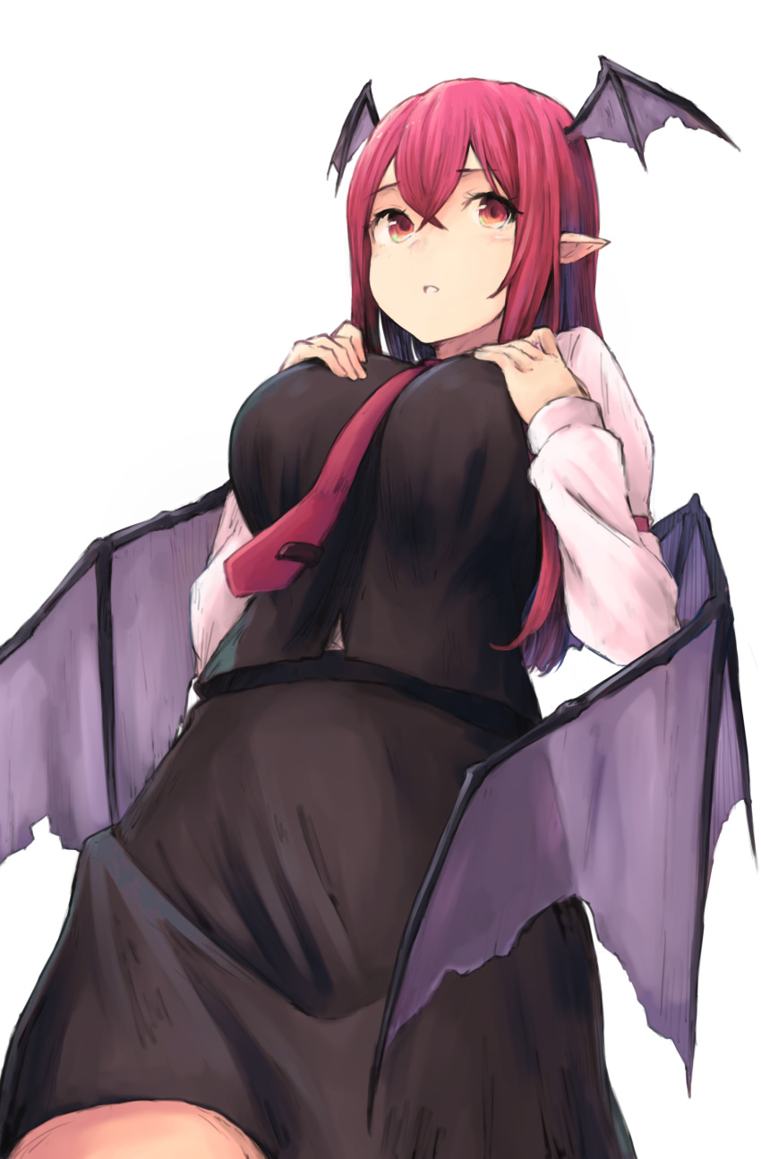 1girl absurdres black_shirt black_skirt black_wings breasts demon_wings from_behind hair_between_eyes hands_on_breasts highres koakuma koretsuki_aduma large_breasts long_hair necktie pointy_ears red_eyes red_necktie redhead see-through shirt simple_background skirt solo touhou white_background wings