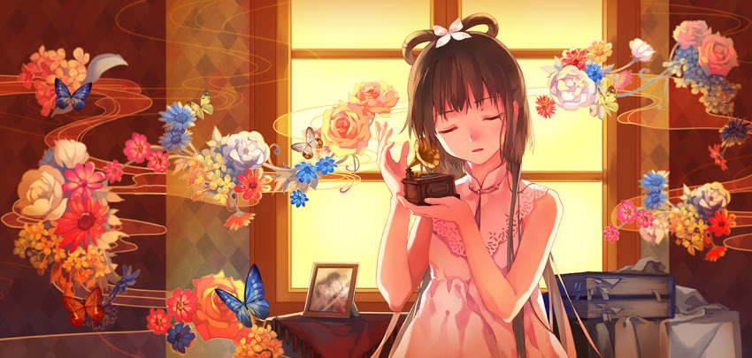 1girl animal bangs bare_arms black_hair blue_flower blurry book bookmark butterfly casual cloth depth_of_field diamond_(shape) eyebrows eyebrows_visible_through_hair feng_you floating_object flower flower_request fringe hair_ornament hair_rings holding indoors lace_trim listening listening_to_music long_hair luo_tianyi parted_lips phonograph photo pink_flower rose sleeveless smoke tablecloth upper_body vocaloid wall wallpaper_(object) white_flower window yellow_flower