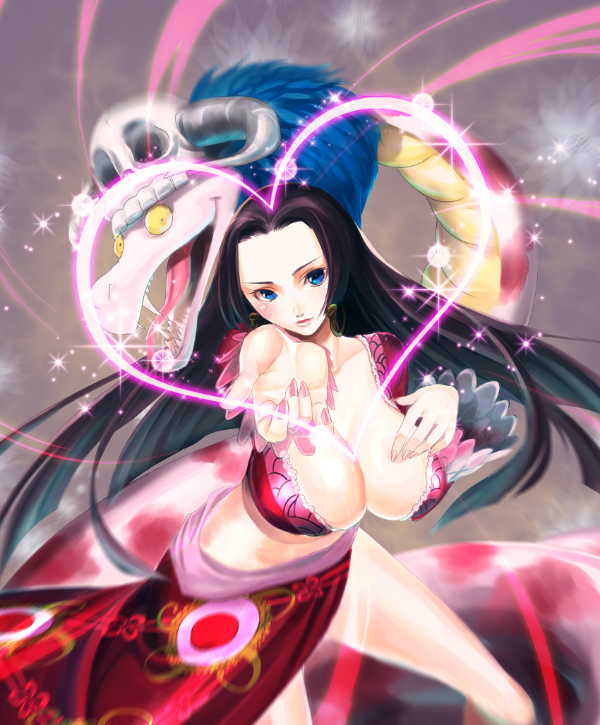 1girl amazon amazon_lily black_hair blue_eyes boa_hancock breasts cleavage earrings foreshortening heart highres jewelry large_breasts long_hair midriff nail_polish navel one_piece ri-ko salome_(one_piece) shichibukai side_slit skull snake