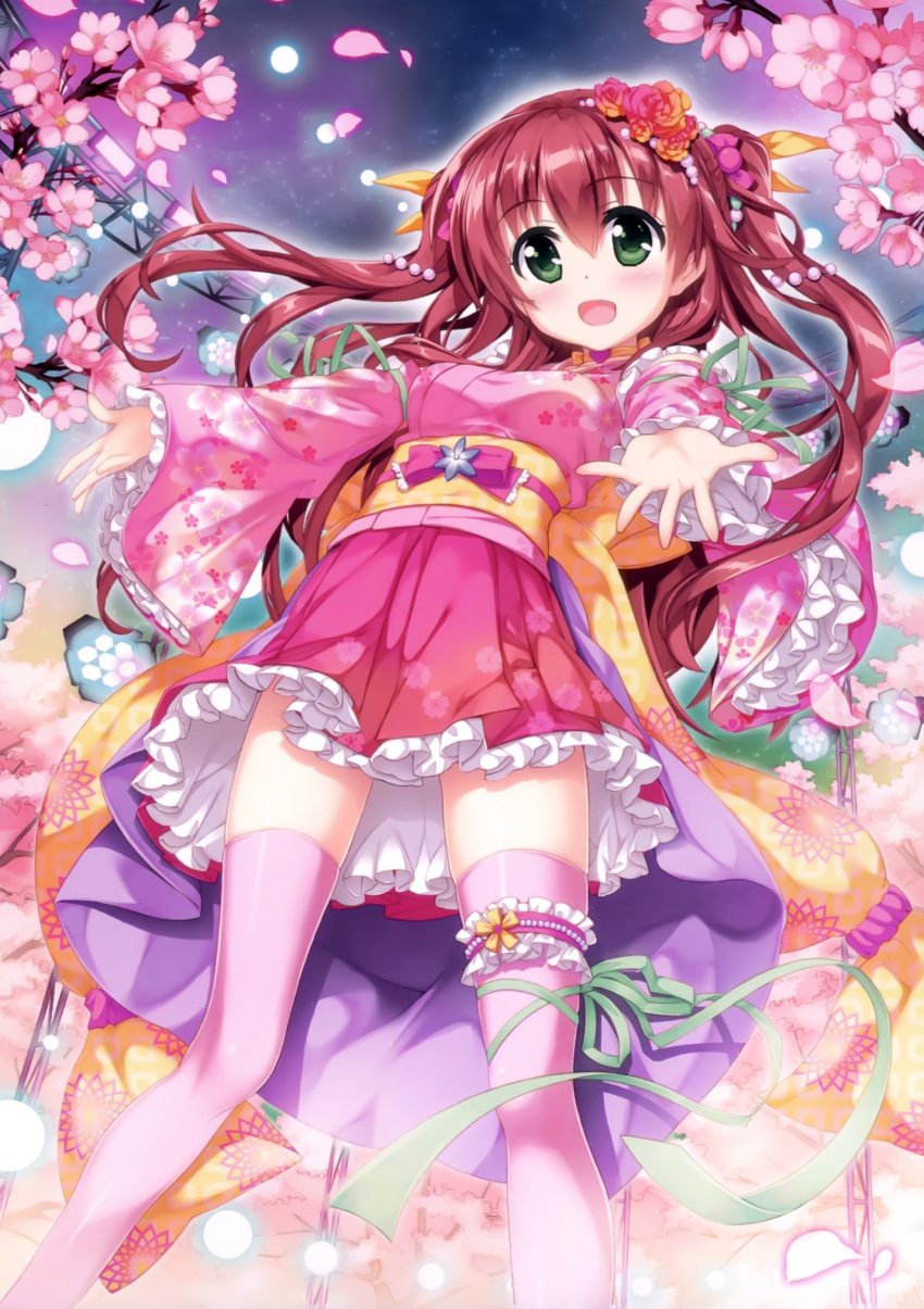 1girl absurdres brown_hair cherry_blossoms eyebrows eyebrows_visible_through_hair flower from_below fujima_takuya garters green_eyes green_ribbon hair_flower hair_ornament hair_ribbon highres japanese_clothes kimono long_hair looking_at_viewer open_mouth orange_ribbon original outdoors outstretched_arms pink_legwear pink_yukata red_flower ribbon sash short_kimono short_yukata solo thigh-highs thigh_ribbon twintails yukata