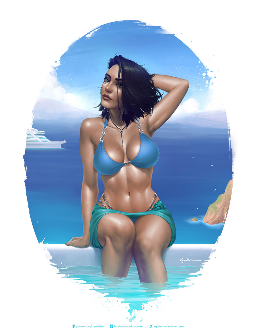 1girl arm_behind_head artist_name bikini black_hair blue_bikini blue_sky breasts brown_eyes collarbone dark_skin eye_of_horus facial_mark facial_tattoo freckles hair_tubes highres jewelry krystopher_decker large_breasts lips looking_at_viewer mole necklace nose ocean outdoors overwatch pharah_(overwatch) photorealistic signature sitting sky solo swimsuit tattoo white_background