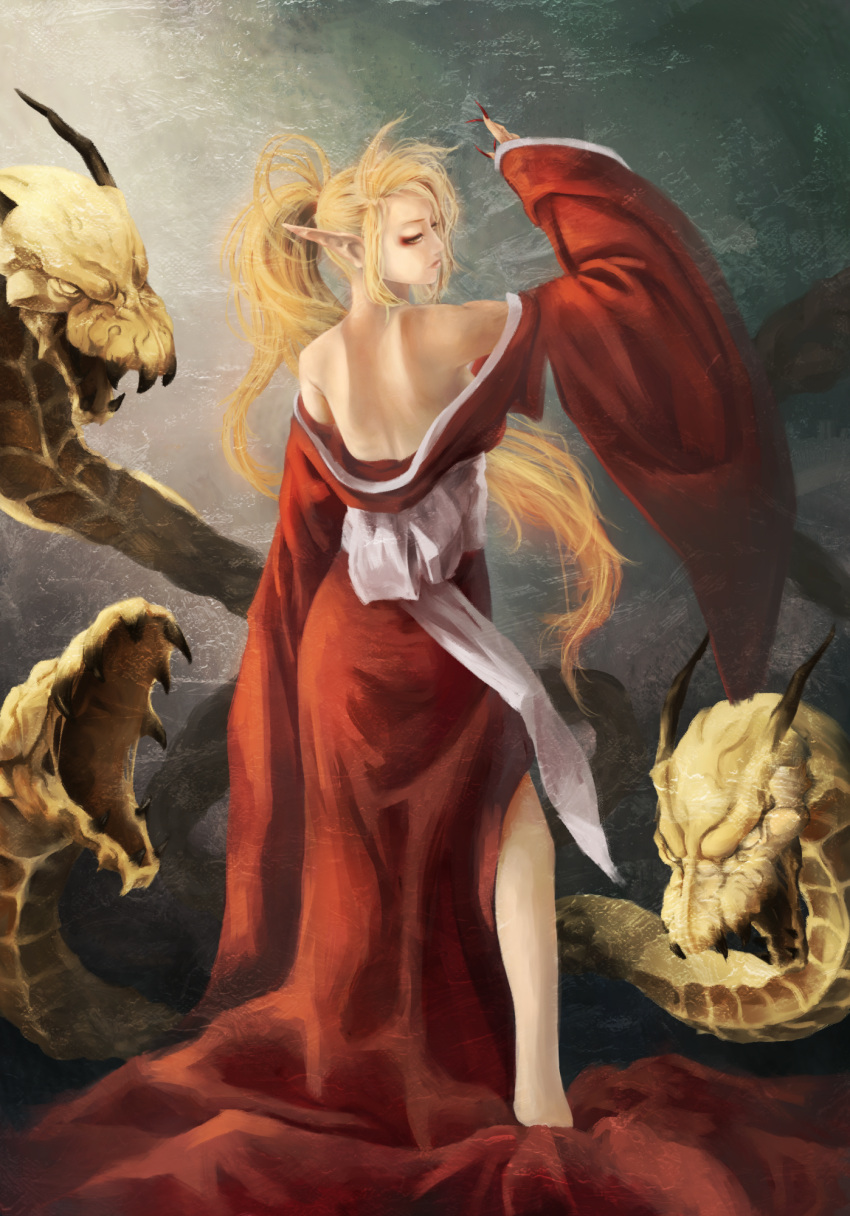 1girl akai_kitsune arm_up back bad_id blonde_hair byunei dress_pull elf fangs fingernails highres horns hydra long_fingernails long_hair long_sleeves nail_polish off_shoulder pointy_ears ponytail red_eyes red_nails romancing_saga_3 saga sash solo wide_sleeves