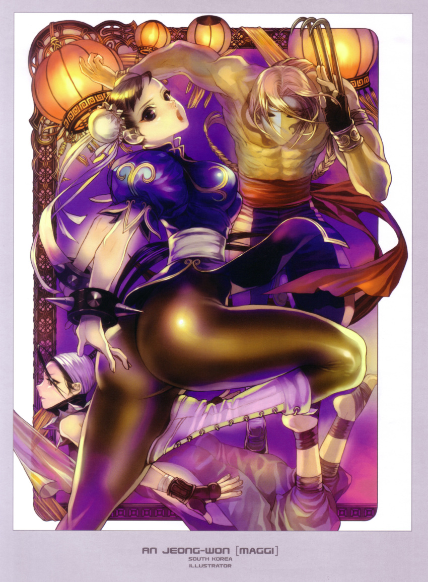 1boy 2girls absurdres ankle_wraps ass balrog barefoot blonde_hair blue_eyes boots bracelet braid bun_cover capcom china_dress chinese_clothes chun-li claw_(weapon) cross-laced_footwear double_bun dress eyeshadow highres hip_vent ibuki_(street_fighter) jewelry knee_boots lace-up_boots maggi makeup mask multiple_girls ninja pantyhose pelvic_curtain scan single_braid spiked_bracelet spikes street_fighter street_fighter_iii street_fighter_iii_(series) thighs weapon