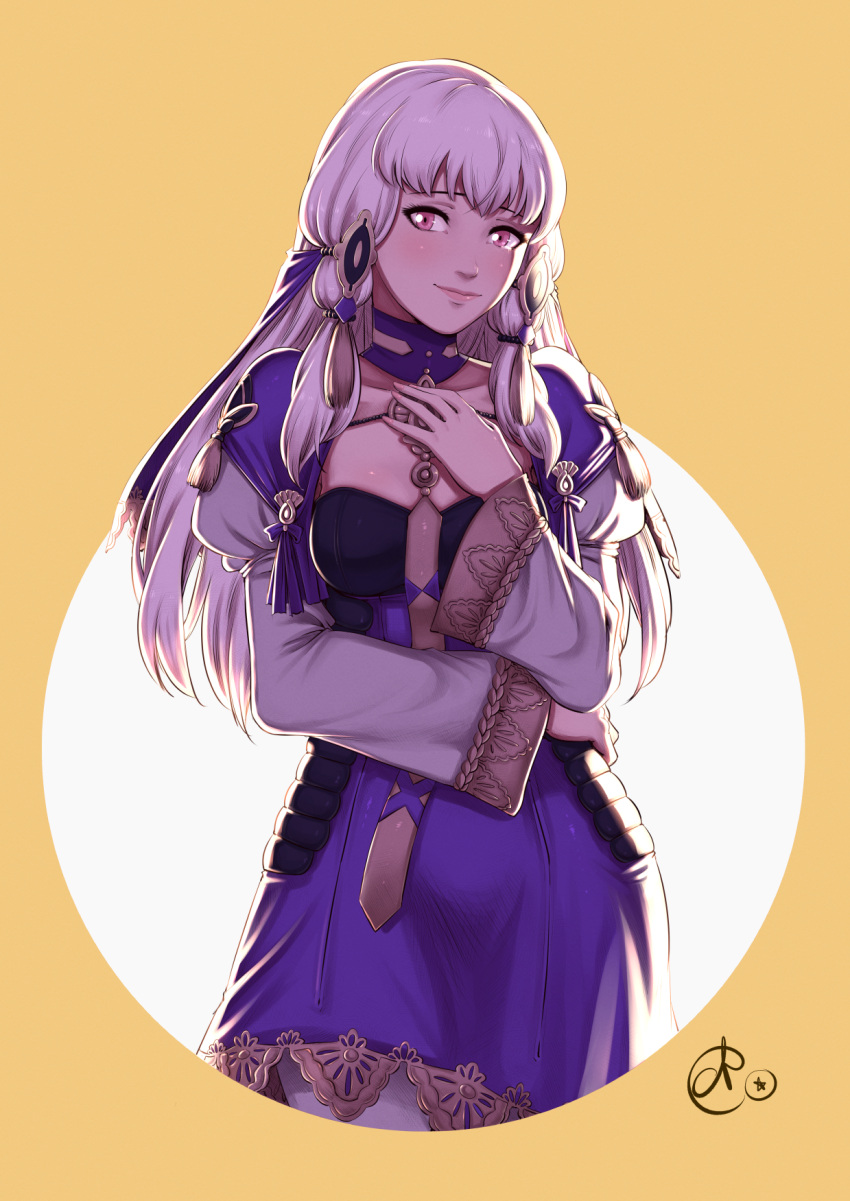 1girl benoit_picard closed_mouth dress english_commentary fire_emblem fire_emblem:_three_houses hair_ornament highres long_hair long_sleeves lysithea_von_ordelia pink_eyes purple_dress solo white_hair