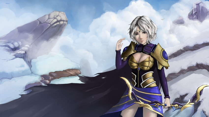 1girl alternate_costume armor ashe_(league_of_legends) bow bow_(weapon) breasts cape circlet cleavage clouds darkautism fingernails highres league_of_legends miniskirt mountain pauldrons short_hair skirt snow solo weapon white_hair