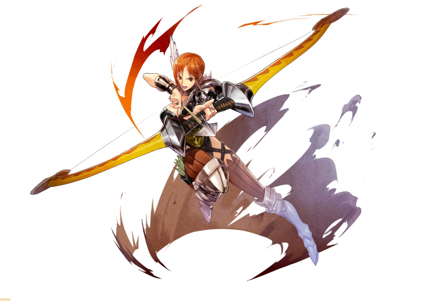 1girl a'j absurdres action aiming armor bow_(weapon) breasts cleavage greaves highres jpeg_artifacts medium_breasts original pointing short_hair weapon