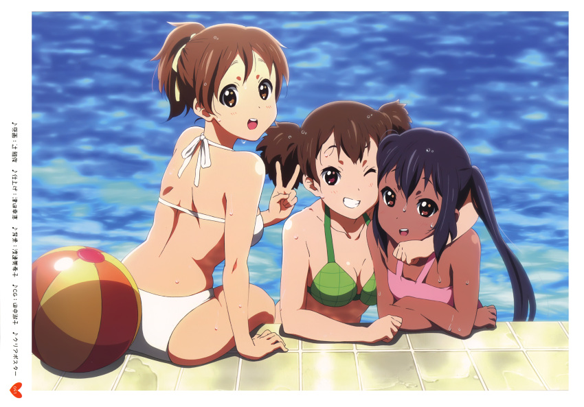3girls :d absurdres ball beachball bikini black_hair breasts brown_eyes brown_hair casual_one-piece_swimsuit cleavage crossed_arms day hair_ribbon highres hirasawa_ui hug k-on! looking_back medium_breasts multiple_girls nakano_azusa official_art one-piece_swimsuit one_eye_closed open_mouth outdoors pink_eyes ponytail pool poolside ribbon round_teeth short_twintails small_breasts smile suzuki_jun swimsuit tan teeth tiles tsuji_masatoshi twintails v water wet wink