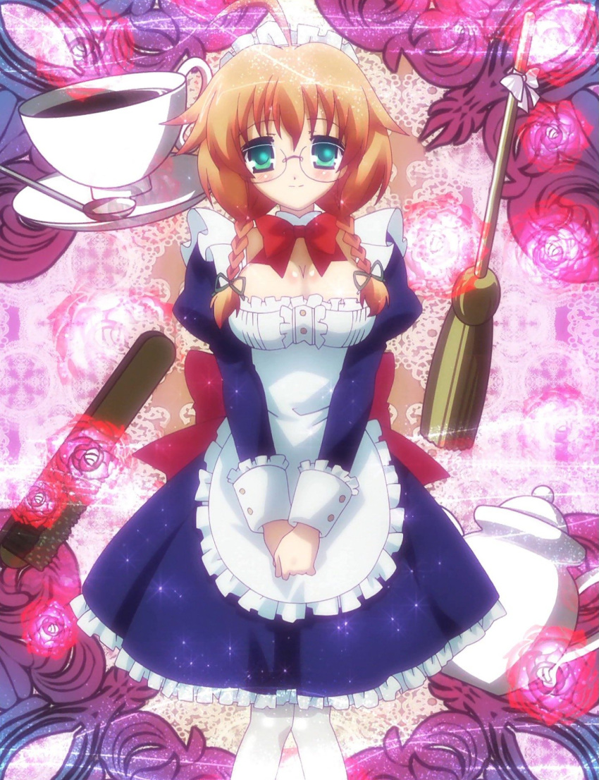 1girl apron braid breasts broom cleavage cube_x_cursed_x_curious cup glasses green_eyes highres maid maid_apron maid_headdress muramasa_konoha screencap skirt solo stitched teacup twin_braids v_arms