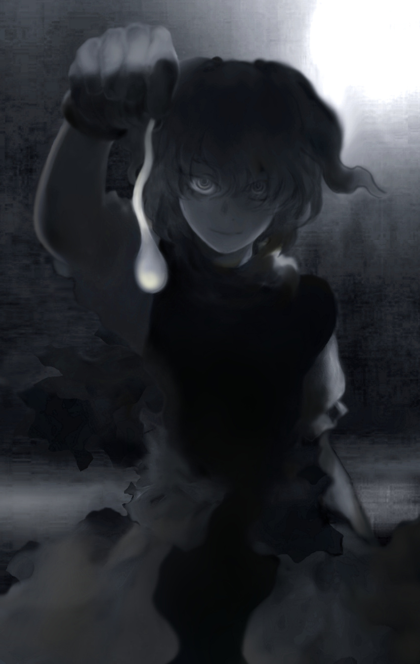 absurdres arm_up bangs commentary dark dress expressionless futon_(kitsune_tsuki) gloves hair_bobbles hair_ornament highres hitodama holding looking_at_viewer monochrome onozuka_komachi puffy_short_sleeves puffy_sleeves scarf shadow short_hair short_sleeves skirt sun touhou two_side_up