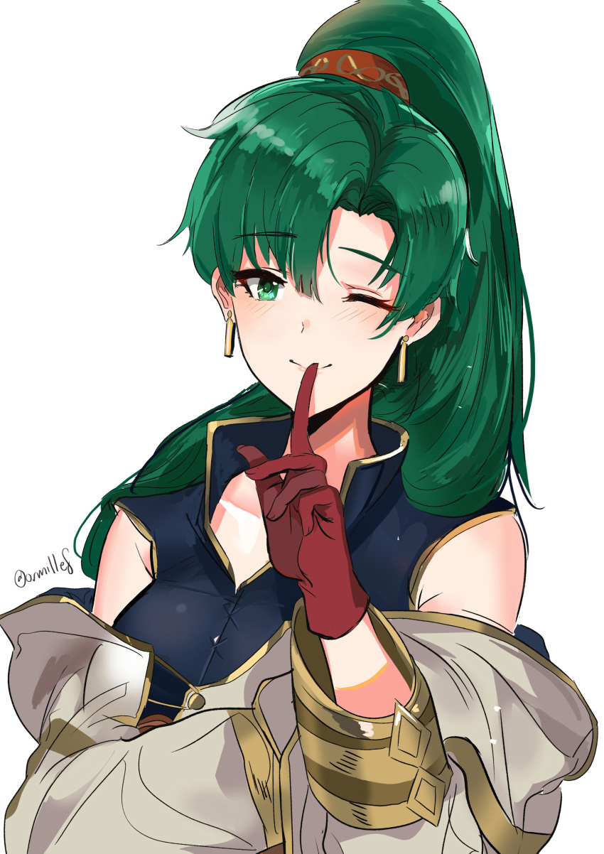 1girl ;) absurdres asymmetrical_bangs bangs bare_shoulders black_vest blush closed_mouth cosplay dotentity earrings eyebrows_visible_through_hair fire_emblem fire_emblem:_rekka_no_ken fire_emblem_heroes gloves green_eyes green_hair high_ponytail highres hood index_finger_raised jewelry lips long_hair long_sleeves looking_at_viewer lyndis_(fire_emblem) off_shoulder one_eye_closed open_clothes ponytail red_gloves shiny shiny_hair simple_background smile solo summoner_(fire_emblem_heroes) twitter_username upper_body vest white_background