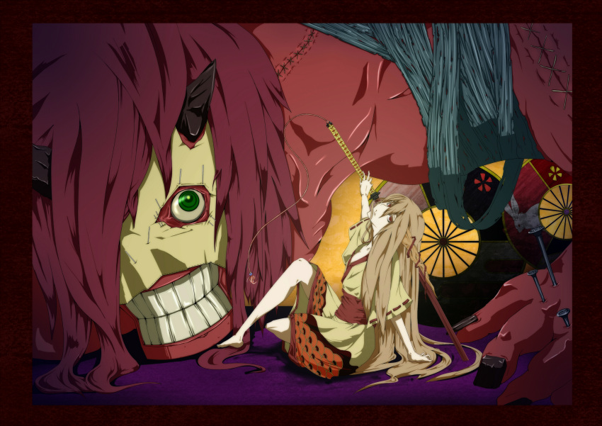 1girl bandage barefoot brown_hair female giant green_eyes highres horns ibuki_suika japanese_clothes katana kimono long_hair looking_at_viewer mask monster nail needle obi oni potato_pot red_eyes red_skin redhead sash scar shuten_douji_(mythology) sitting solo_focus stitches sword teeth touhou very_long_hair weapon yukata