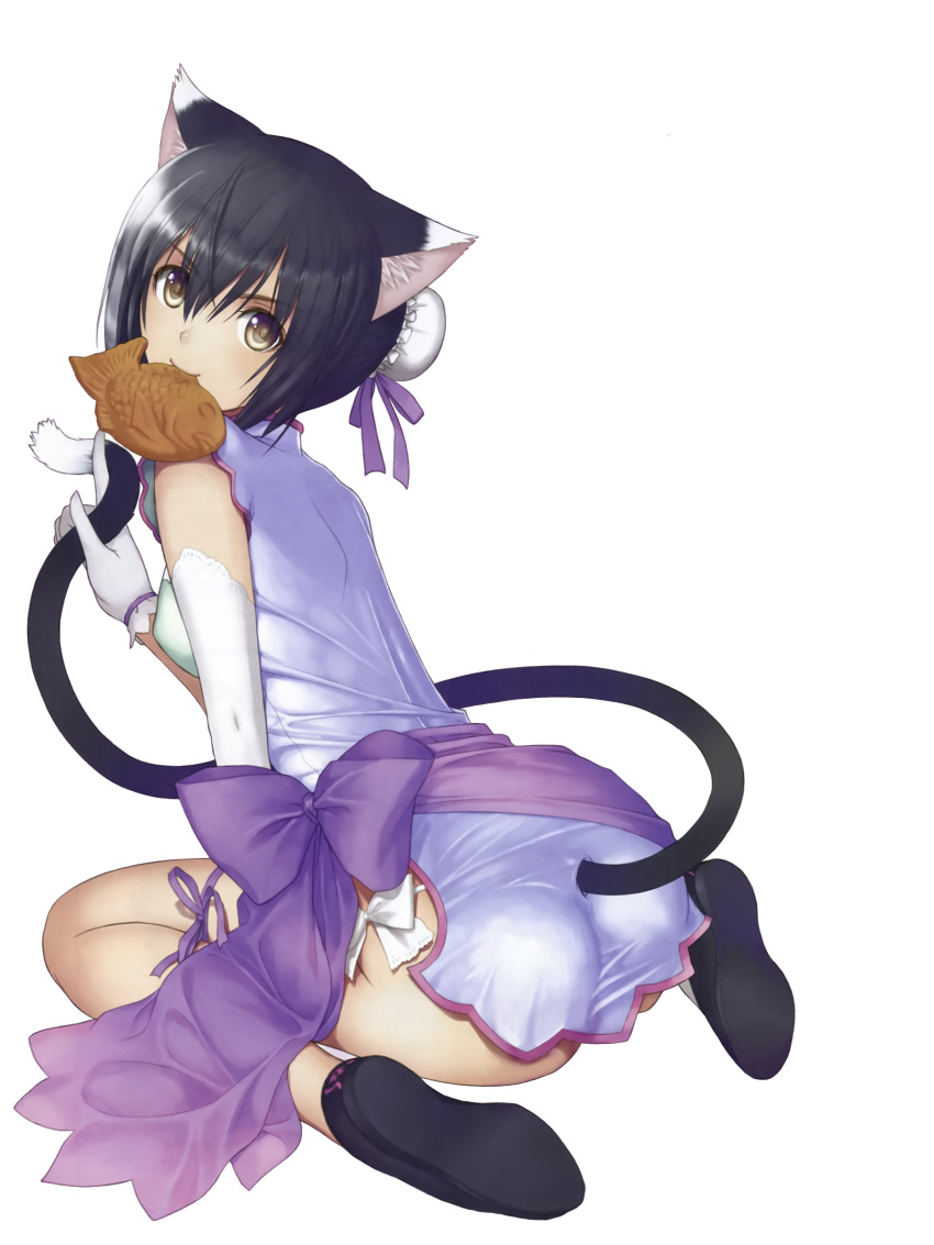 1girl absurdres animal_ears ass cat_ears cat_tail food highres kneeling mouth_hold panties sega shaomei_rin shining_(series) shining_hearts side-tie_panties solo tail taiyaki tanaka_takayuki underwear wagashi