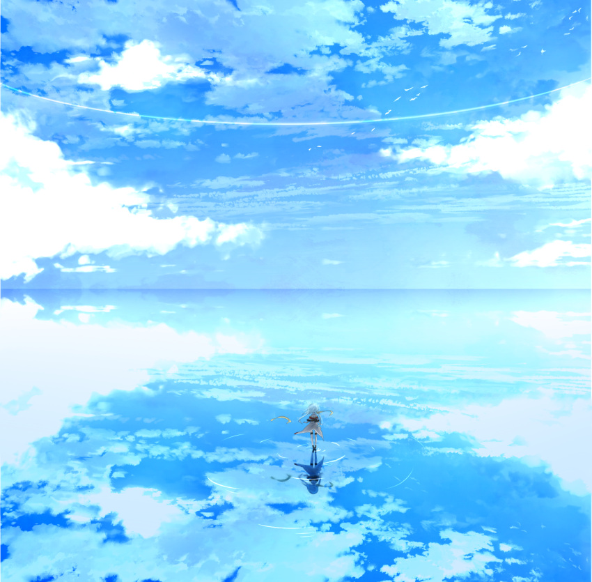 1girl alone bird blue blue_hair clouds day dress from_behind highres horizon kabuchi_hina long_hair original outdoors reflection ripples scenery sky solo standing standing_on_liquid standing_on_water thigh-highs toubina twintails water white_legwear