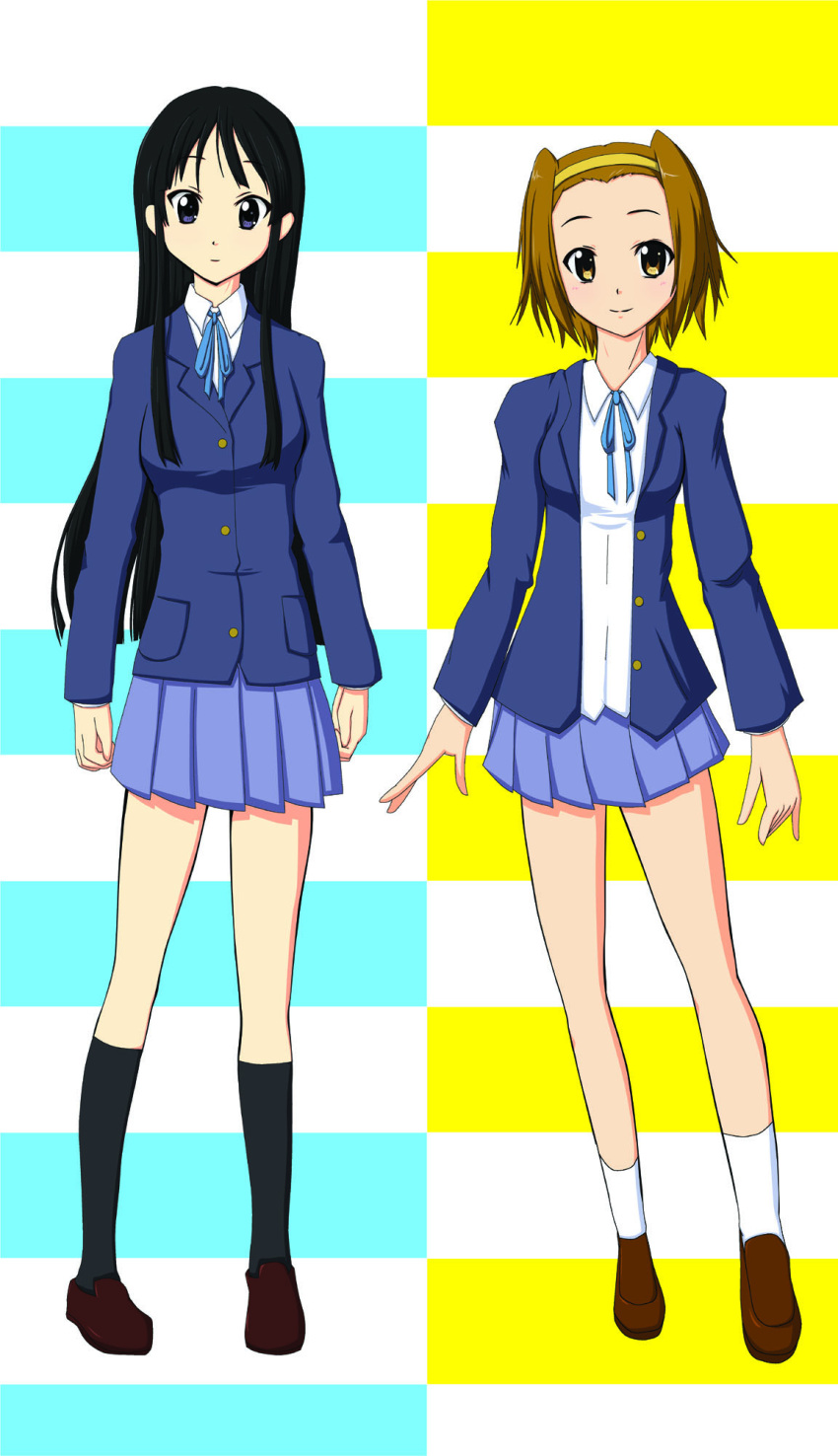 2girls akiyama_mio alternate_hairstyle black_eyes black_hair blush highres hime_cut k-on! long_hair multiple_girls school_uniform smile su-35_(artist) tainaka_ritsu uniform