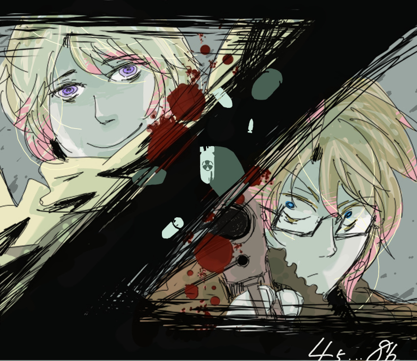 2boys ahoge america_(hetalia) axis_powers_hetalia blonde_hair blue_eyes bomber_jacket bullet glasses gun highres jacket multiple_boys peacock-peahen russia_(hetalia) scarf violet_eyes weapon white_hair