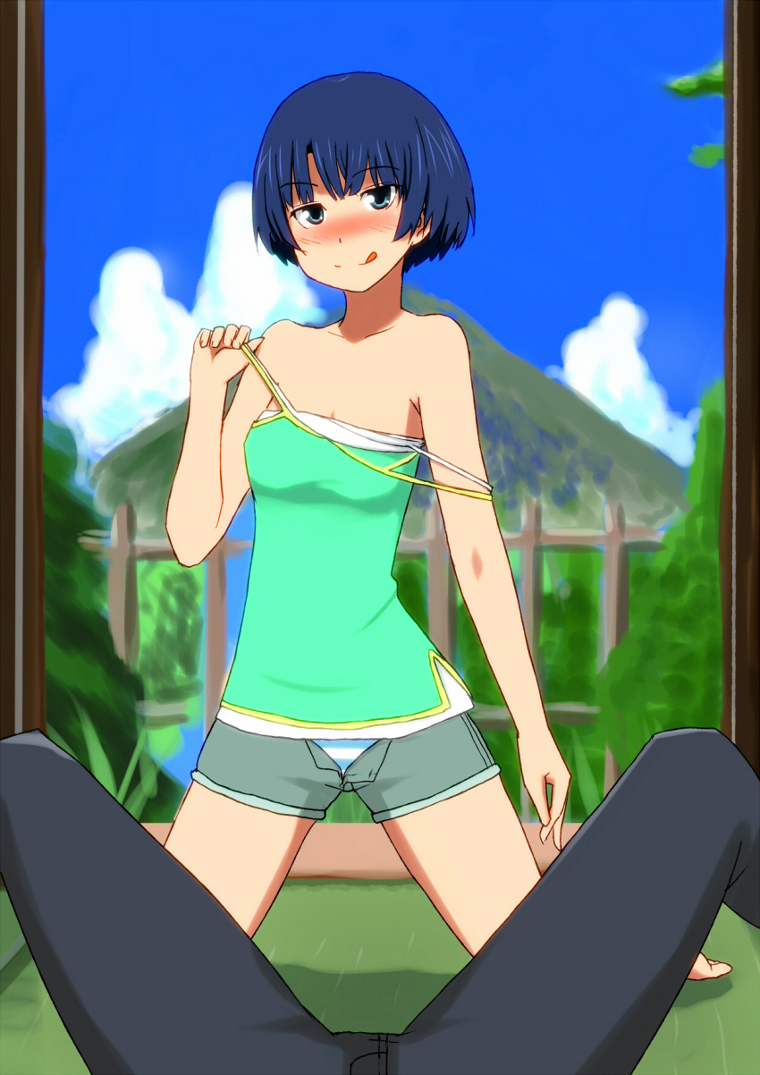 1girl :q ano_natsu_de_matteru bare_shoulders blue_eyes blue_hair blush clouds daniel_(artist) fence highres kneeling naughty_face open_fly panties sexually_suggestive short_hair short_shorts shorts sky strap_slip striped striped_panties tanigawa_kanna tongue tongue_out underwear undressing unzipped you_gonna_get_raped