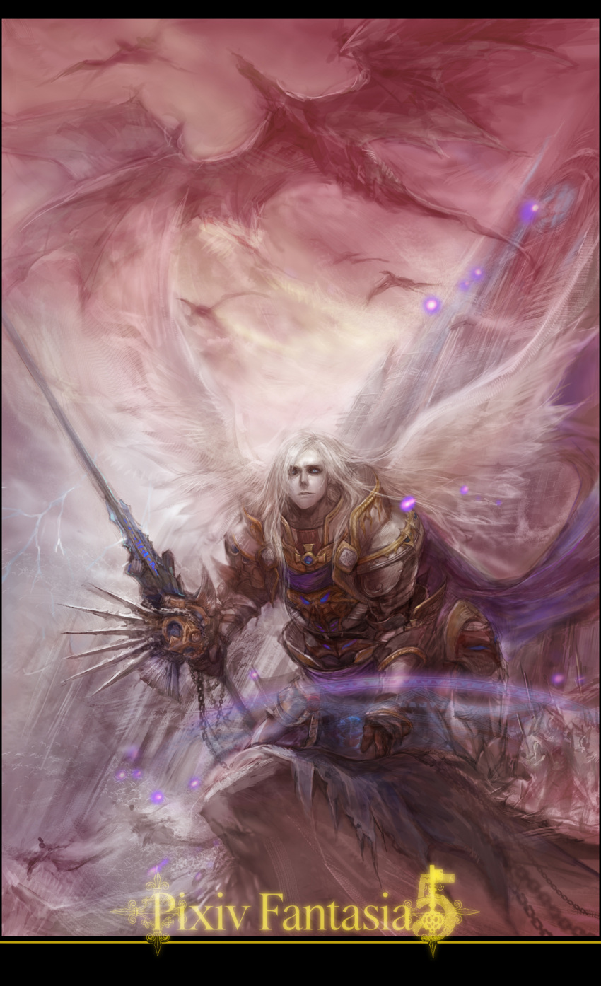 1boy absurdres angel_wings architecture armor blue_eyes border building chains chang clock clock_tower dragon fantasy full_armor highres long_hair magic magic_circle male_focus pixiv_fantasia pixiv_fantasia_5 silver_hair solo spikes tower weapon white_wings wings
