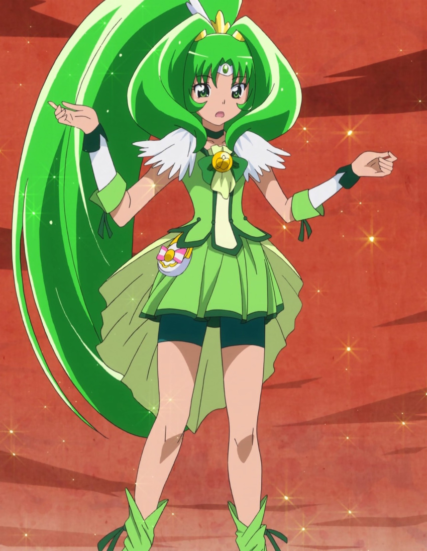 1girl arms_up bike_shorts boots bow compact cure_march dress female green_eyes green_hair hair_ornament highres long_hair midorikawa_nao open_mouth precure red_background ribbon screencap smile_precure! solo stitched surprised tiara tri_tails very_long_hair wrist_cuffs