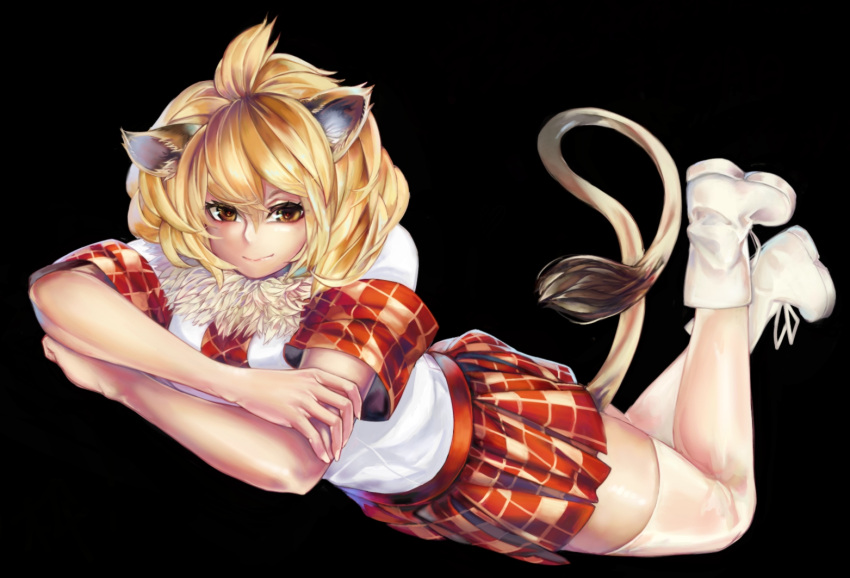 1girl animal_ears arm_support bangs bare_arms black_background blonde_hair brown_eyes closed_mouth commentary_request dutch_angle feet_up full_body fur_collar hair_between_eyes hair_over_shoulder hand_on_own_arm head_tilt kemono_friends lion_(kemono_friends) lion_ears lion_tail looking_at_viewer lying medium_hair necktie on_stomach plaid plaid_neckwear plaid_skirt plaid_sleeves red_skirt shirasu_(19san) shirt shoes short_sleeves simple_background skirt smile solo tail thigh-highs white_footwear white_shirt zettai_ryouiki
