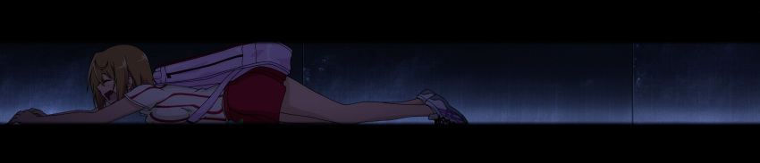 1girl absurdres blush breasts crying highres large_breasts long_image long_legs sankarea saouji_ranko screencap short_hair shorts solo stitched stuck tears wide_image