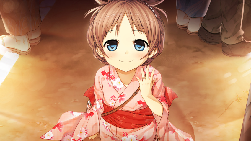 1girl blue_eyes brown_hair cura flat_(company) game_cg hair_up hands highres japanese_clothes jewelry kimono looking_at_viewer monobeno petite ring sawai_natsuha smile wallpaper yukata