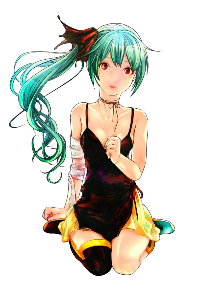 1girl aqua_hair bad_id boots dress hair_ornament highres jericho156 kneeling lips nail_polish nimi orange_eyes side_ponytail simple_background sitting solo string thigh-highs thigh_boots vocaloid wariza
