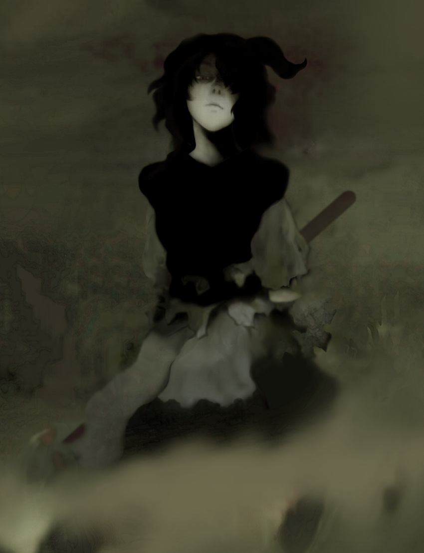 absurdres arms_behind_back bangs black_dress closed_mouth commentary_request dark dress expressionless fog futon_(kitsune_tsuki) hair_over_one_eye highres looking_at_viewer monochrome nostrils onozuka_komachi shadow short_hair skirt touhou two_side_up