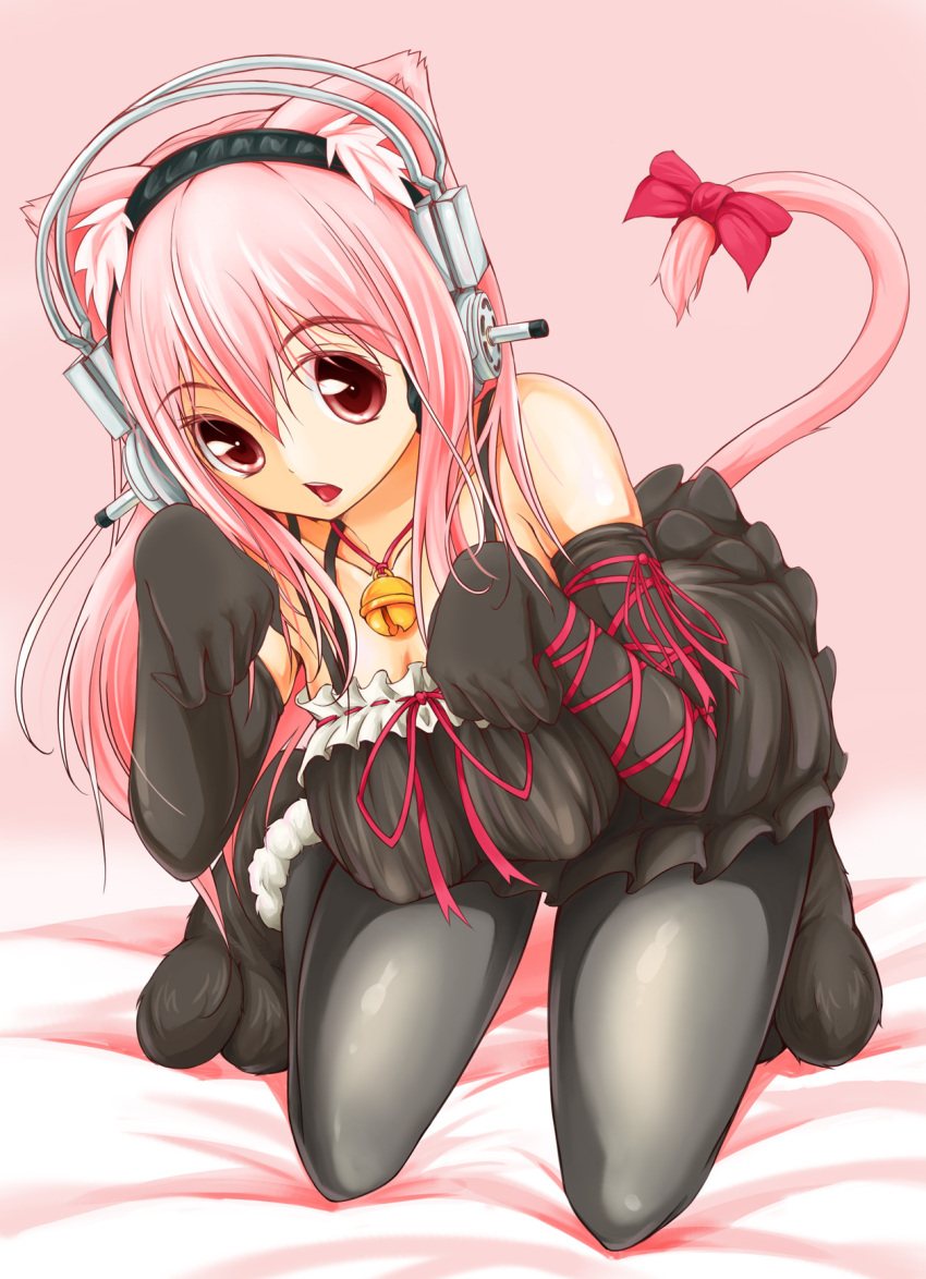 1girl animal_ears bare_shoulders bell blush bow breasts cat_ears cat_tail gloves headband headphones highres hose large_breasts lingerie nitroplus onigiri_(artist) pantyhose pink_eyes pink_hair simple_background skirt smile solo super_sonico tail underwear