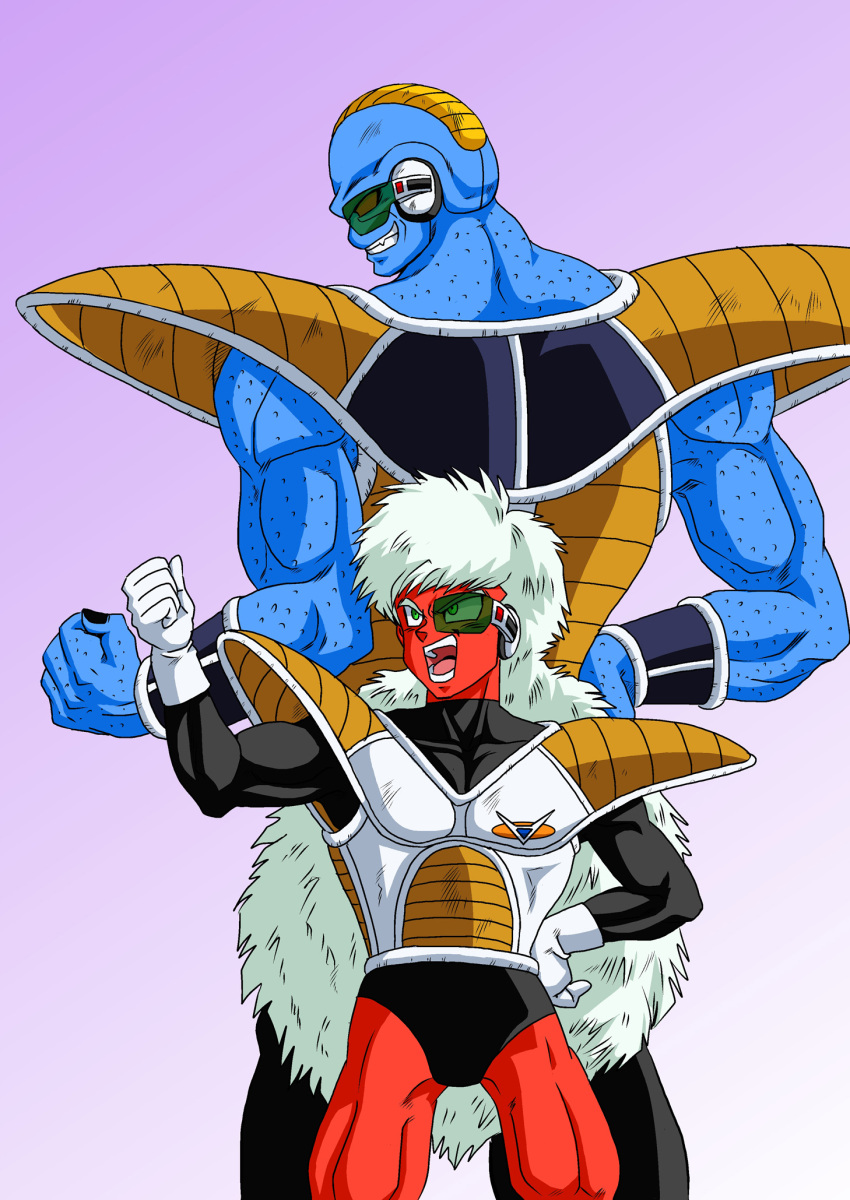 2boys armor back-to-back bad_id blue_skin burter clenched_hand dragon_ball dragon_ball_z dragonball_z ginyu_force gloves green_eyes hand_on_hip highres hips jeice long_hair multiple_boys open_mouth red_eyes red_skin scouter shinomiya_akino size_difference teeth white_hair wristband