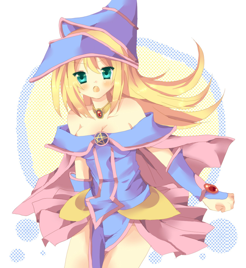 1girl aqua_eyes bare_shoulders blonde_hair breasts dark_magician_girl duel_monster hat highres imo_mushi open_mouth pentacle small_breasts witch_hat yu-gi-oh! yuu-gi-ou_duel_monsters