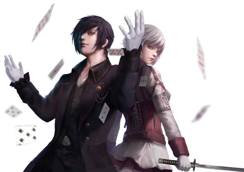 1boy 1girl absurdres arms_up asymmetrical_bangs bangs belt black_coat black_hair blunt_bangs brown_belt buttons card closed_mouth coat collar collared_coat corset eyes_visible_through_hair gloves highres holding holding_sword holding_weapon long_sleeves looking_at_viewer looking_back open_clothes open_coat original red_eyes short_hair simple_background skirt sleeve_cuffs smile standing straight_hair sword weapon wei_chang white_background white_gloves white_hair white_skirt