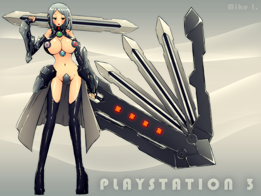 1girl bare_shoulders boots breasts criss-cross_halter crotch_plate detached_sleeves dual_wielding game_console halter_top halterneck highres huge_breasts huge_weapon mike_inel narrow_waist navel personification playstation_3 ps3-tan revealing_clothes silver_hair slender_waist solo sword thigh-highs thigh_boots weapon