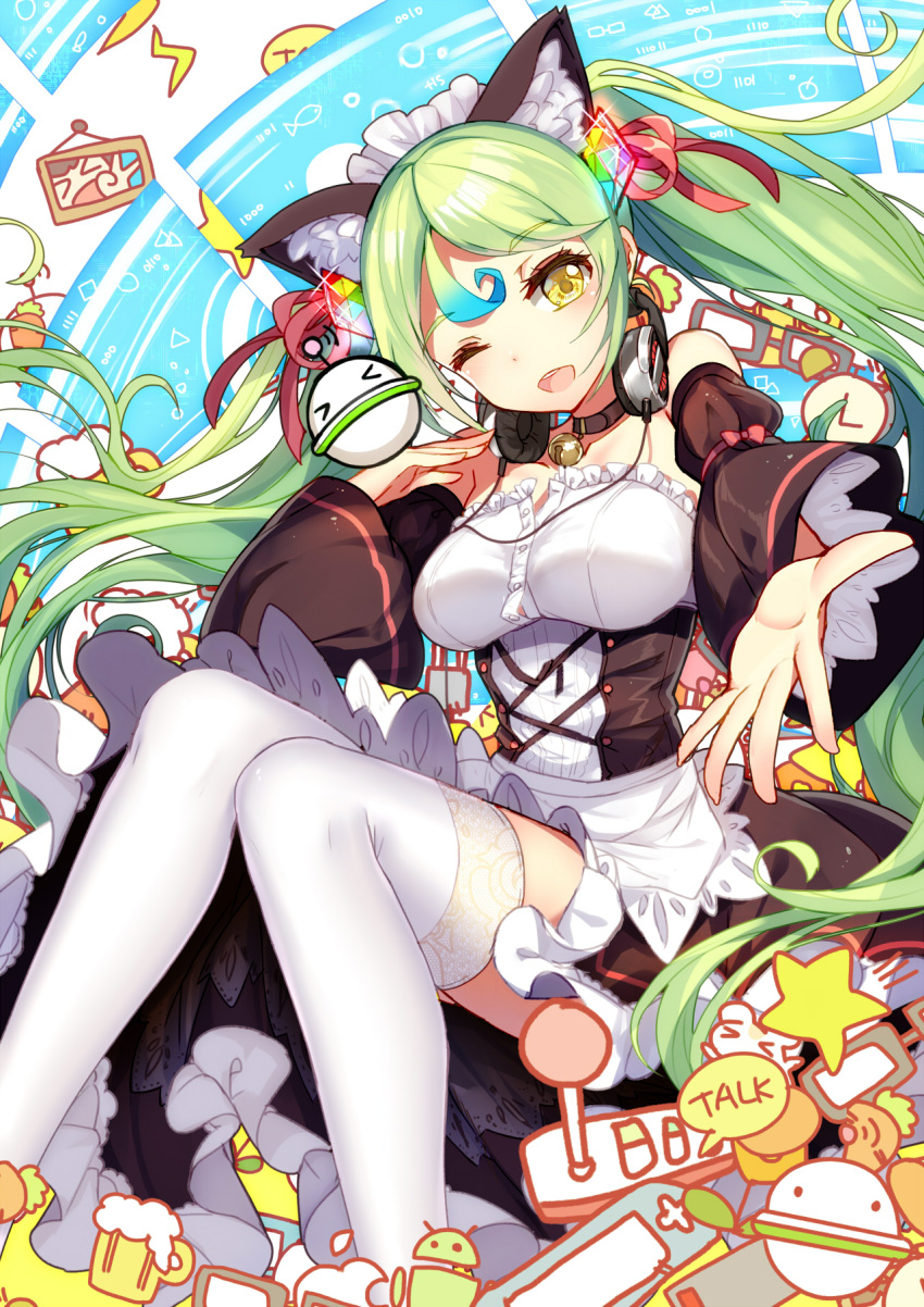 &gt;o&lt; 1girl animal_ears bell bell_collar bison bison_cangshu breasts cat_ears collar collarbone detached_sleeves eyebrows eyebrows_visible_through_hair green_hair hair_ribbon headphones headphones_around_neck highres large_breasts long_hair looking_at_viewer maid maid_headdress one_eye_closed open_mouth original pink_ribbon red_ribbon ribbon solo thigh-highs twintails v very_long_hair white_legwear yellow_eyes