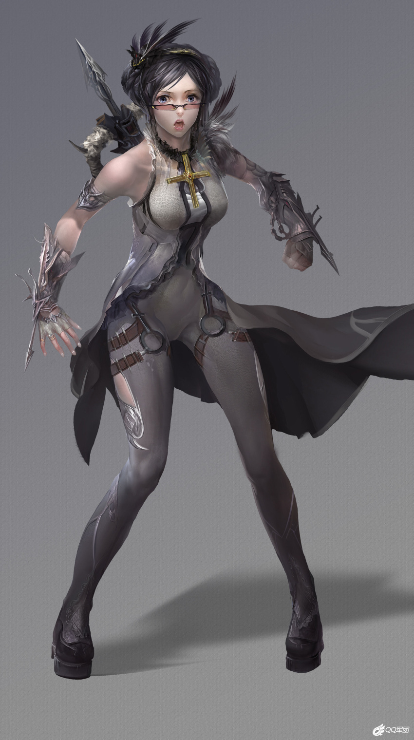 1girl absurdres bare_shoulders black_hair blue_eyes braid feathers female fingerless_gloves fingernails full_body gauntlets glasses gloves hair_ornament hairband highres league_of_legends liurui looking_at_viewer nail_polish open_mouth shauna_vayne solo standing sunglasses