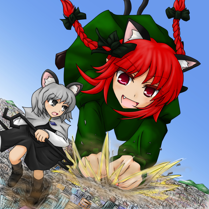 2girls animal_ears bad_id bow braid cat_ears cat_tail city dautsen destruction dowsing_rod dress fang female giantess grey_eyes hair_bow highres kaenbyou_rin long_hair mouse_ears multiple_girls multiple_tails nazrin open_mouth red_eyes redhead running silver_hair size_difference sketch tail touhou twin_braids