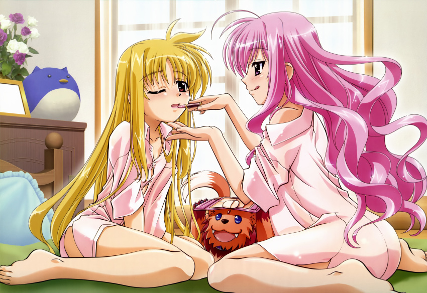 2girls :q absurdres ahoge alternate_hairstyle arf bare_legs barefoot bed between_thighs blonde_hair bottomless dress_shirt fate_testarossa feet highres kneeling kyrie_florian legs lipstick lipstick_tube long_hair lyrical_nanoha mahou_shoujo_lyrical_nanoha mahou_shoujo_lyrical_nanoha_a's mahou_shoujo_lyrical_nanoha_a's_portable:_the_gears_of_destiny makeup multiple_girls naked_shirt nyantype off_shoulder official_art one_eye_closed pink_eyes pink_hair red_eyes see-through_silhouette shinozaki_akira shirt sitting sleeves_rolled_up tongue tongue_out v_arms very_long_hair violet_eyes wariza wavy_hair wink