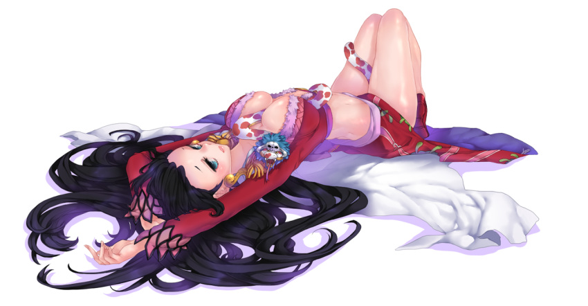 1girl amazon between_breasts black_hair blue_eyes boa_hancock breasts cape cleavage deathalice earrings jewelry large_breasts long_hair long_skirt lying midriff navel on_back one_piece red_skirt salome_(one_piece) shichibukai side_slit skirt skull snake upside-down