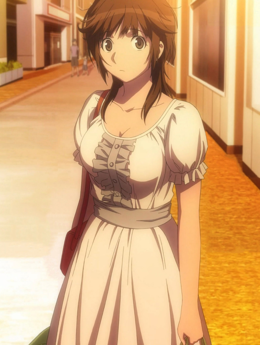 1girl amagami breasts cleavage dress highres jpeg_artifacts sakurai_rihoko screencap solo stitched