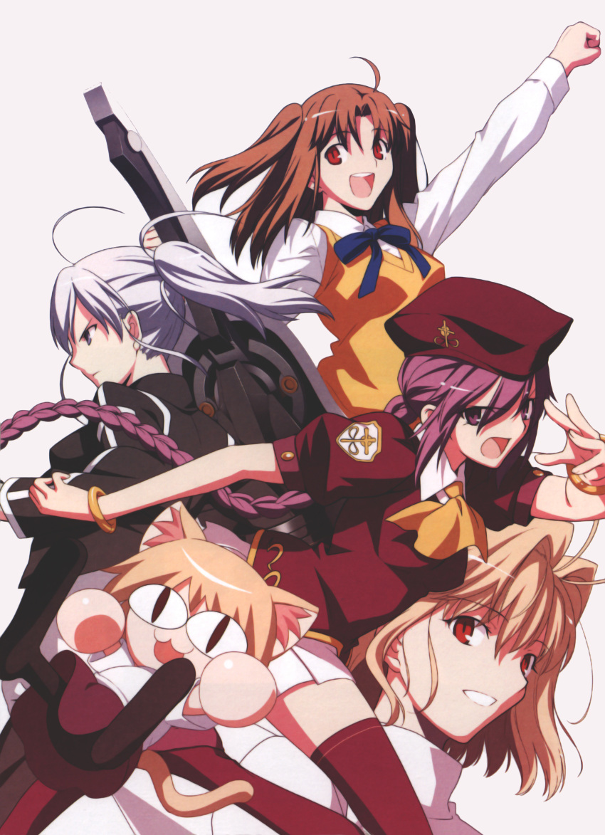 00s 4girls absurdres arcueid_brunestud blonde_hair braid brown_hair grey_eyes grey_hair hat highres melty_blood multiple_girls nekoarc pleated_skirt ponytail purple_hair red_eyes riesbyfe_stridberg scan school_uniform silver_hair sion_eltnam_atlasia skirt takeuchi_takashi tsukihime two_side_up violet_eyes yumizuka_satsuki