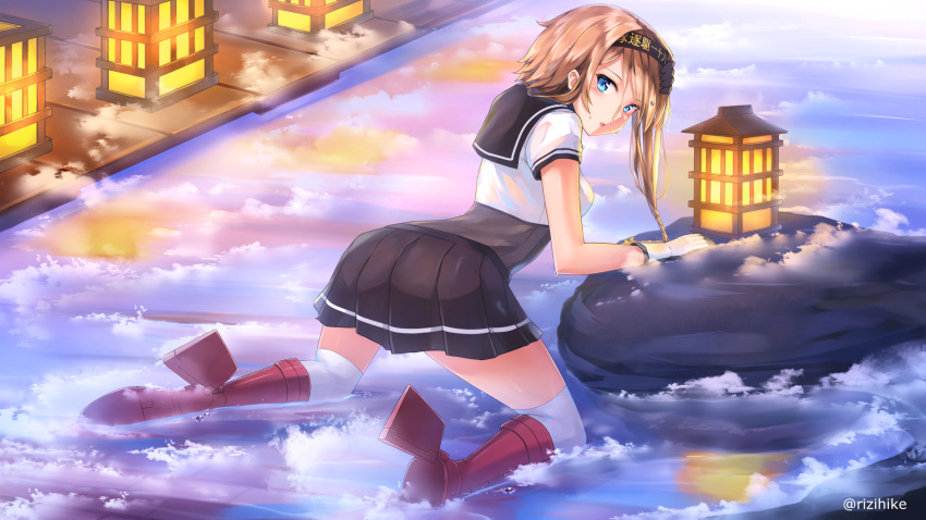 1girl black_gloves black_skirt blue_eyes blush boots braid breasts clothes_writing corset from_behind gloves hand_on_head headband highres kantai_collection kneeling lantern light_brown_hair looking_at_viewer looking_back medium_breasts pleated_skirt red_footwear rizihike rudder_shoes sailor_collar short_sleeves skirt solo teruzuki_(kantai_collection) thighs twin_braids two-tone_gloves white_gloves