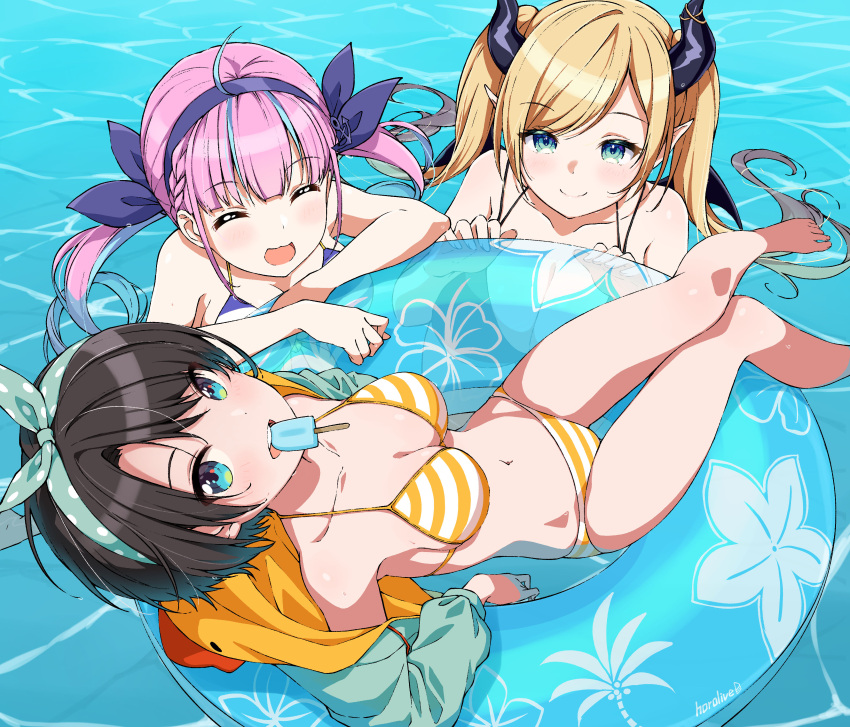 3girls :d ^_^ absurdres ahoge aqua_hairband asanaya bangs barefoot bikini black_hair black_horns blue_eyes blue_hair blue_hairband blunt_bangs breasts closed_eyes closed_mouth commentary_request eyebrows_visible_through_hair food hairband highres hololive horns looking_at_another looking_at_viewer medium_breasts minato_aqua mouth_hold multicolored_hair multiple_girls navel oozora_subaru open_mouth partially_submerged polka_dot polka_dot_hairband popsicle short_hair smile striped striped_bikini swimsuit twintails twitter_username two-tone_hair virtual_youtuber water yuzuki_choco