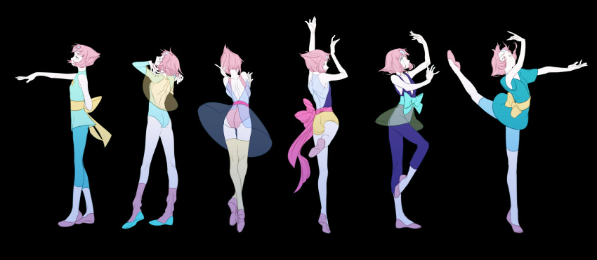 1girl absurdres alternate_costume ass backless_outfit ballet ballet_slippers black_background bow bowtie chuong closed_eyes forehead_jewel highres leg_up leotard multiple_persona pale_skin pearl_(steven_universe) pink_hair pose ribbon sash see-through simple_background skirt sleeveless socks steven_universe thigh-highs tiptoes