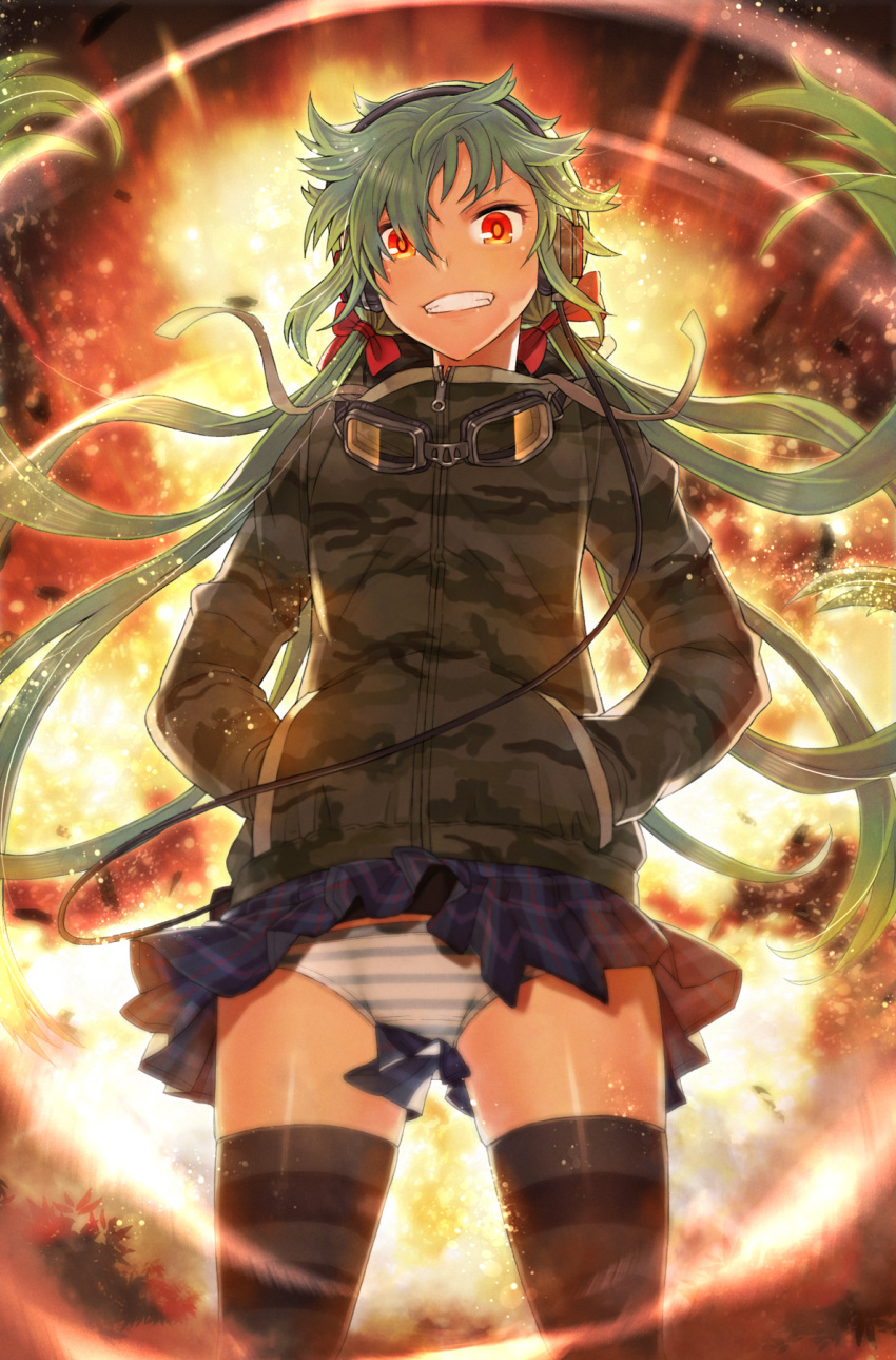 1girl backlighting bangs black_jacket black_legwear blue_skirt blurry bow camouflage camouflage_jacket cowboy_shot explosion floating_hair goggles goggles_around_neck green_hair grin hair_between_eyes hair_bow hands_in_pockets headphones highres itou_(onsoku_tassha) jacket legs_apart light_particles long_hair long_sleeves looking_at_viewer low_twintails miniskirt orange_eyes original panties pleated_skirt red_bow school_uniform shiny shiny_skin skindentation skirt smile solo standing striped striped_panties thigh-highs tree twintails underwear very_long_hair wire zipper